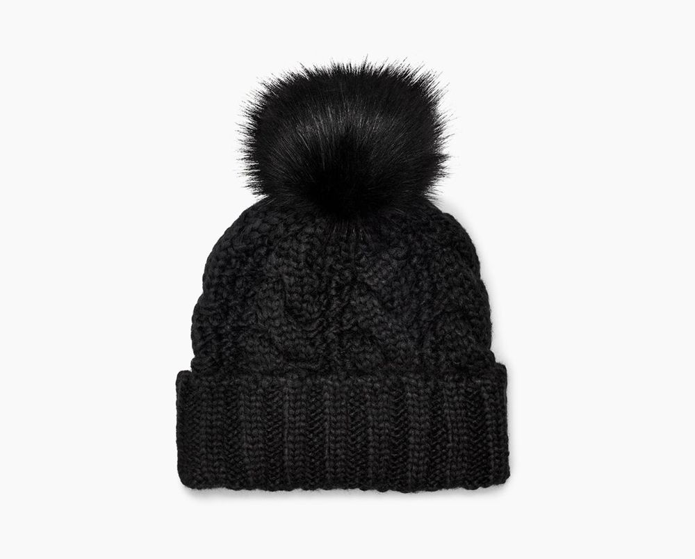 Ugg Beanies Canada - Ugg Women's Knit Cable Faux Fur Pom Black